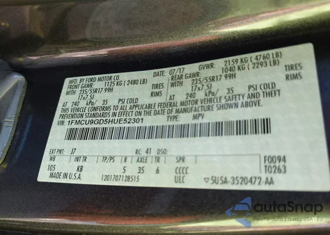 2017 Ford Escape Se из США, поврежденный, VIN 1FMCU9GD5HUE52301